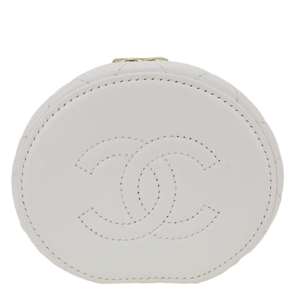 CHANEL Pearly Girl Round Quilted Lambskin Leather Top Handle Vanity Case With Chain White