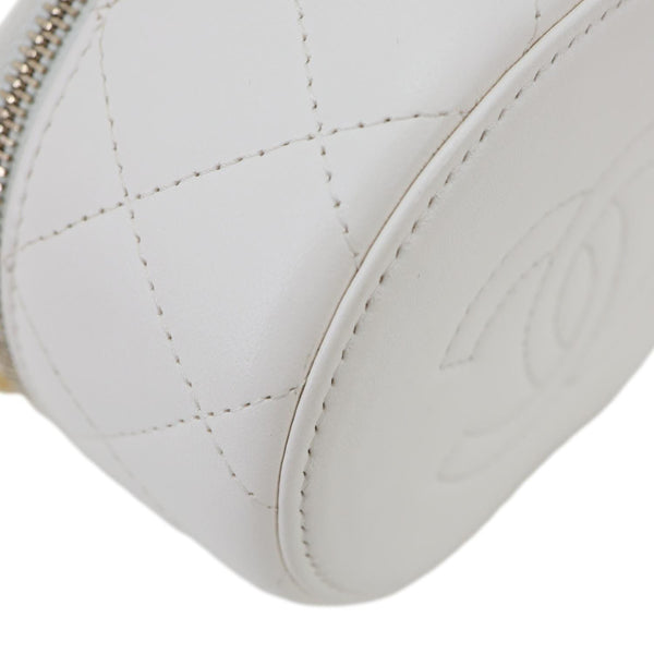 CHANEL Pearly Girl Round Quilted Lambskin Leather Top Handle Vanity Case With Chain White