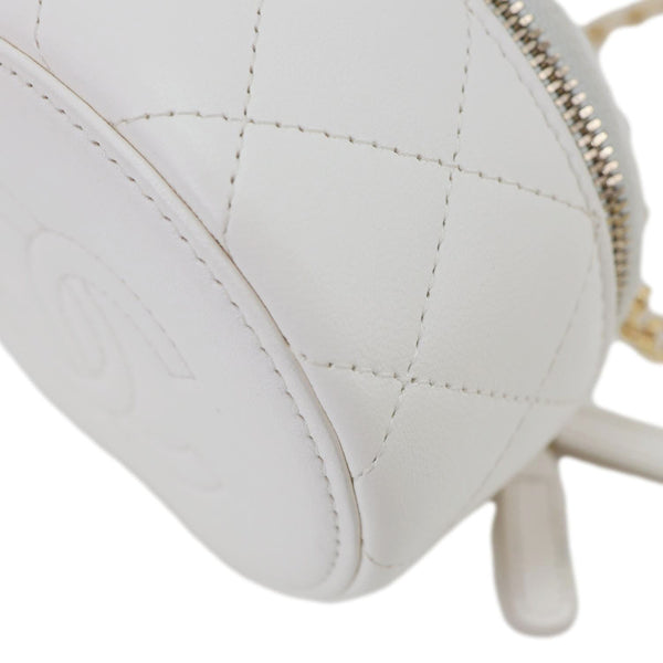 CHANEL Pearly Girl Round Quilted Lambskin Leather Top Handle Vanity Case With Chain White