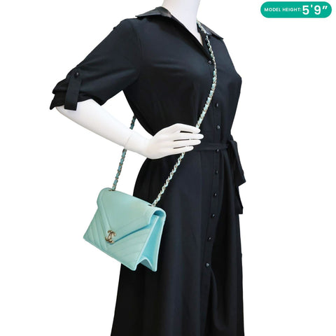 CHANEL Envelope Flap Calfskin Chevron Leather Crossbody Bag Turquoise