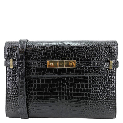 YVES SAINT LAURENT Manhattan Baguette Crocodile Embossed Leather Shoulder Bag Black