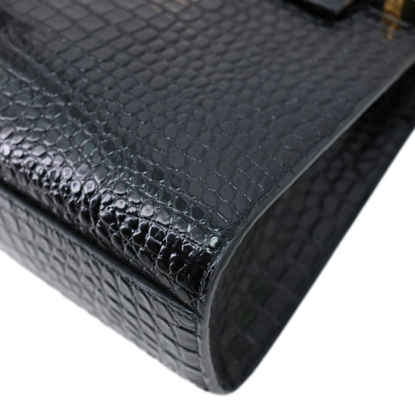 YVES SAINT LAURENT Manhattan Baguette Crocodile Embossed Leather Shoulder Bag Black