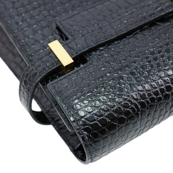 YVES SAINT LAURENT Manhattan Baguette Crocodile Embossed Leather Shoulder Bag Black