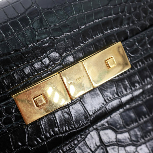 YVES SAINT LAURENT Manhattan Baguette Crocodile Embossed Leather Shoulder Bag Black