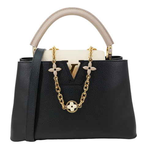 LOUIS VUITTON Capucine MM Monogram Flowers Taurillon Leather Chain Crossbody Bag Black