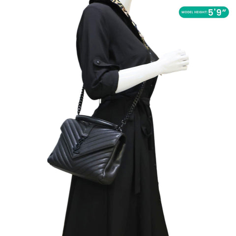 YVES SAINT LAURENT College Flap Medium Classic Chevron Leather Shoulder Bag Black