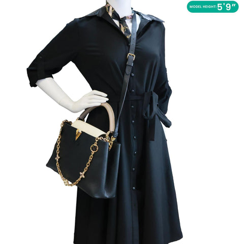 LOUIS VUITTON Capucine MM Monogram Flowers Taurillon Leather Chain Crossbody Bag Black