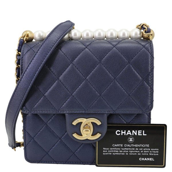 CHANEL Chic Pearls Flap Quilted Lambskin Leather Shoulder Bag Navy Blue