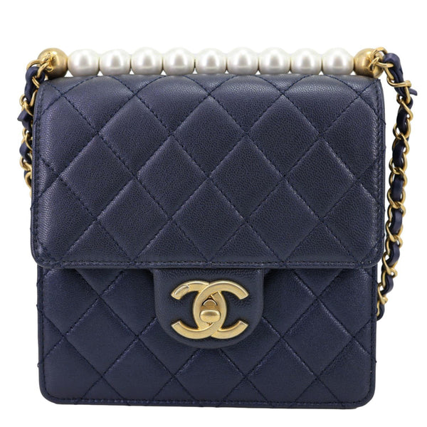 CHANEL Chic Pearls Flap Quilted Lambskin Leather Shoulder Bag Navy Blue