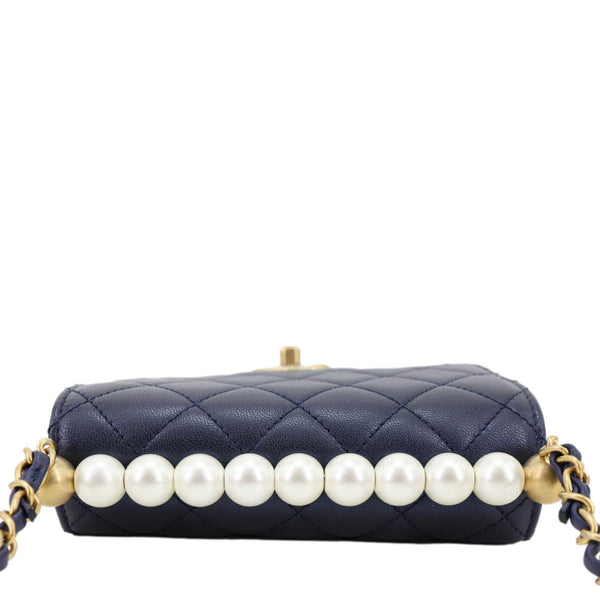 CHANEL Chic Pearls Flap Quilted Lambskin Leather Shoulder Bag Navy Blue