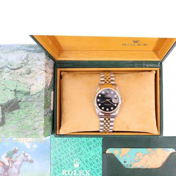 Rolex Datejust 36mm 18k Gold Steel Fluted Bezel Black Diamond Dial Watch 16233
