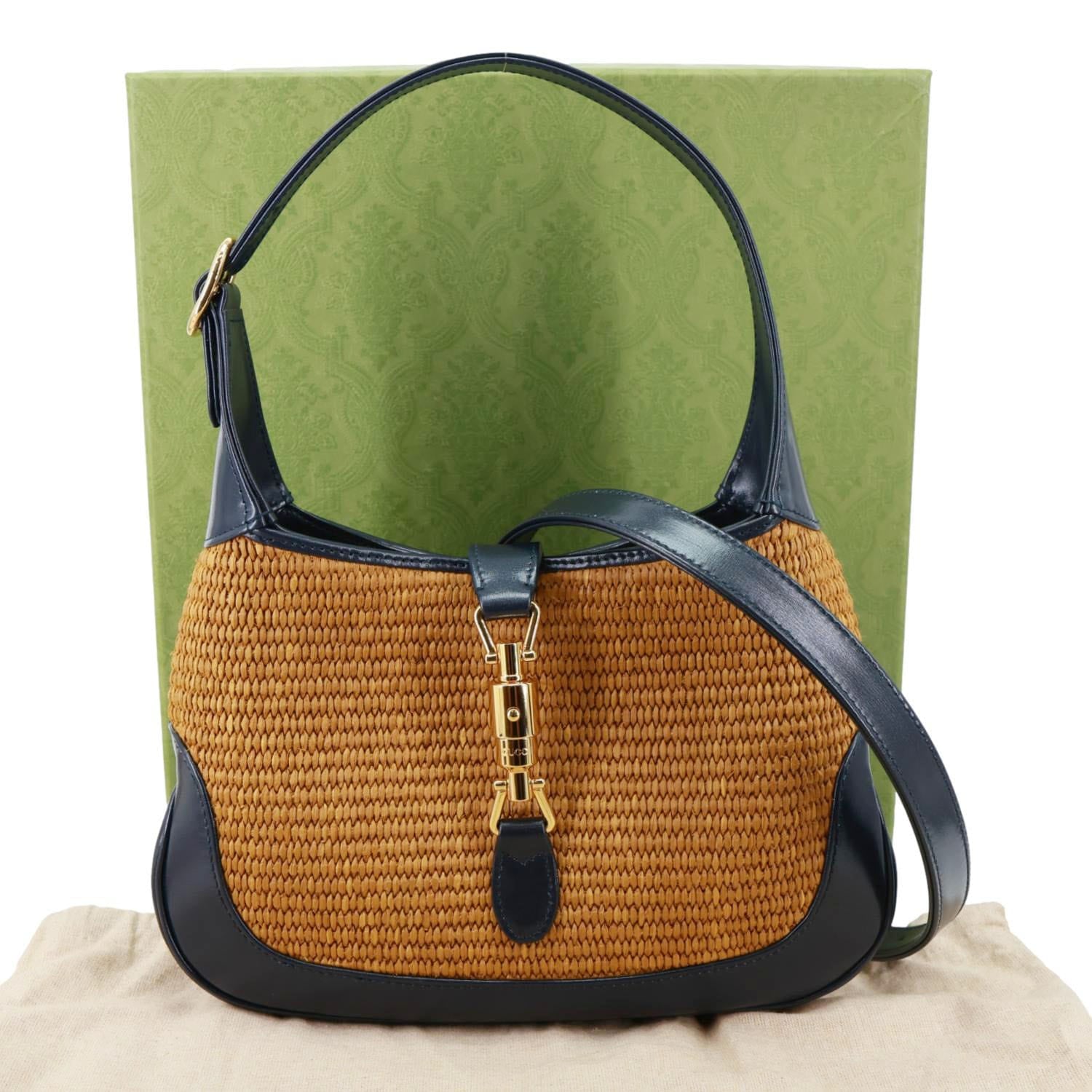 GUCCI Jackie 1961 Small Raffia Straw Lux Shoulder Bag Navy Blue 636706 GUCCI Jackie 1961 Small Raffia Straw Lux Shoulder Bag Navy Blue 636706