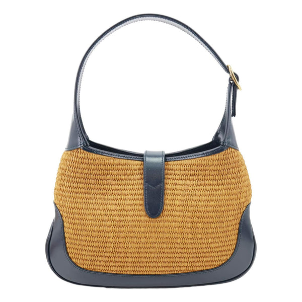 GUCCI Jackie 1961 Small Raffia Straw Lux Shoulder Bag Navy Blue 636706