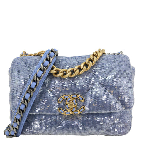 CHANEL 19 Medium Flap Quilted Sequin Shoulder Bag Blue