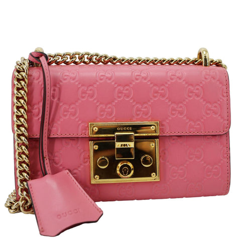 GUCCI Signature Padlock Leather Top Handle Shoulder Bag Pink 409487