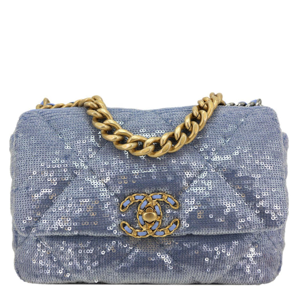 CHANEL 19 Medium Flap Quilted Sequin Shoulder Bag Blue