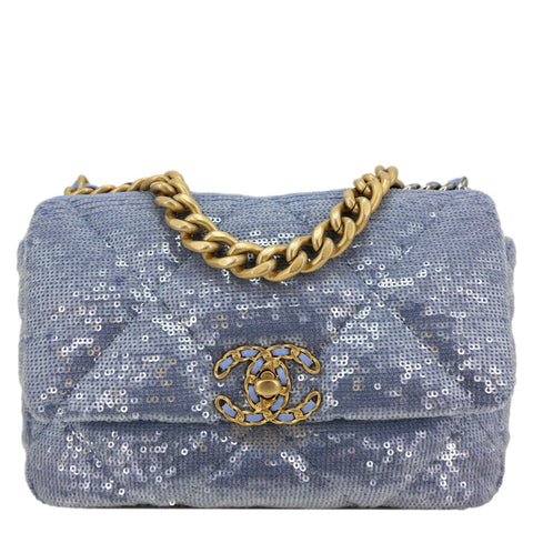 CHANEL 19 Medium Flap Quilted Sequin Shoulder Bag Blue