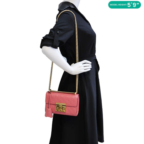 GUCCI Signature Padlock Leather Top Handle Shoulder Bag Pink 409487