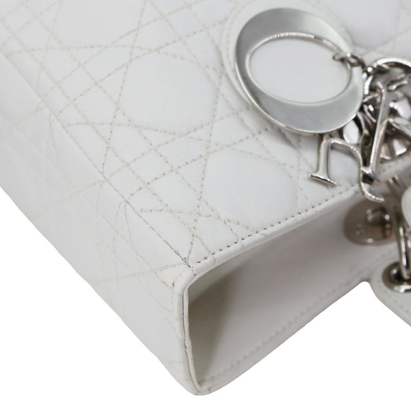 CHRISTIAN DIOR Lady Dior Large Cannage Quilted Lambskin Leather Shoulder Bag White