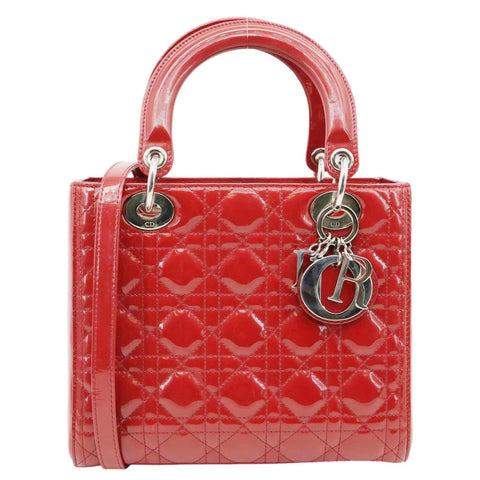 CHRISTIAN DIOR Lady Dior Medium Quilted Patent Leather Shoulder Bag Burgundy