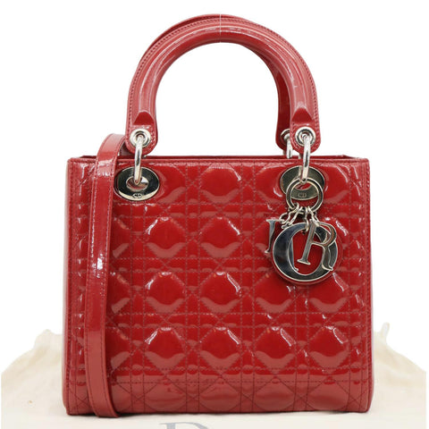 CHRISTIAN DIOR Lady Dior Medium Quilted Patent Leather Shoulder Bag Burgundy