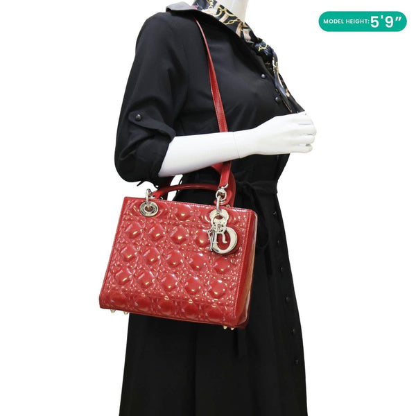 CHRISTIAN DIOR Lady Dior Medium Quilted Patent Leather Shoulder Bag Burgundy