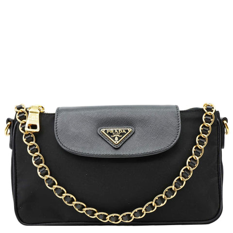 PRADA Tessuto Saffiano Chain Shoulder Bag Black