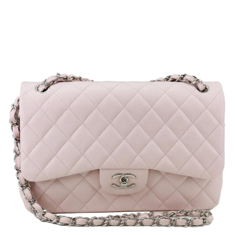 CHANEL Classic Double Flap Jumbo Quilted Caviar Leather Shoulder Bag Light Pink