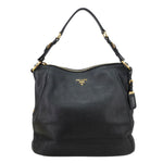 PRADA Vitello Daino Pebbled Leather Hobo Bag Black