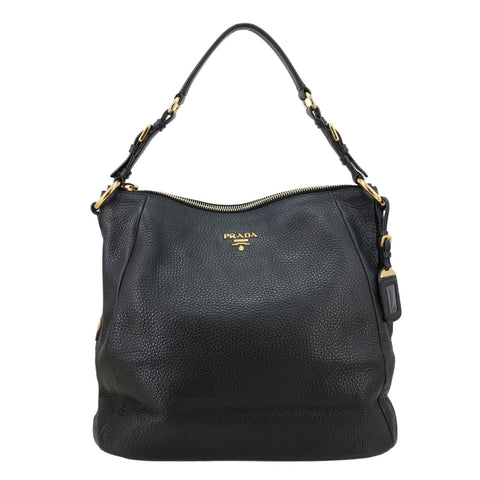 PRADA Vitello Daino Pebbled Leather Hobo Bag Black