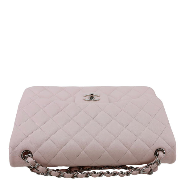 CHANEL Classic Double Flap Jumbo Quilted Caviar Leather Shoulder Bag Light Pink