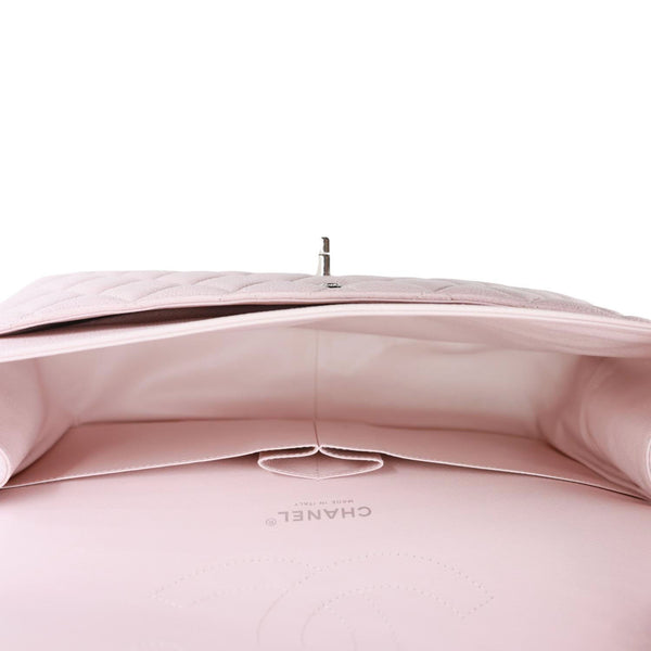 CHANEL Classic Double Flap Jumbo Quilted Caviar Leather Shoulder Bag Light Pink