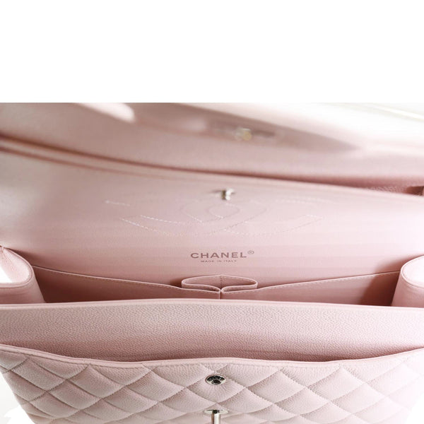 CHANEL Classic Double Flap Jumbo Quilted Caviar Leather Shoulder Bag Light Pink
