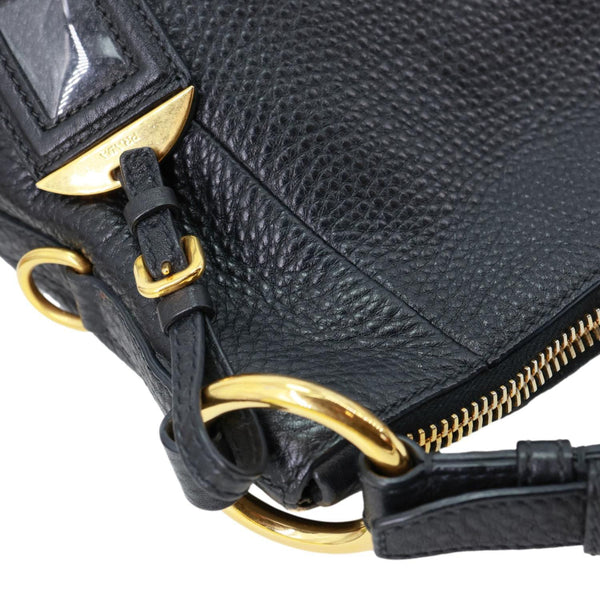 PRADA Vitello Daino Pebbled Leather Hobo Bag Black