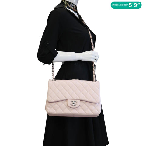 CHANEL Classic Double Flap Jumbo Quilted Caviar Leather Shoulder Bag Light Pink