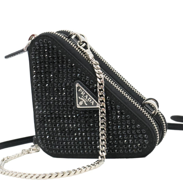 PRADA Triangle Double Pouch Crystal Embellished Satin Crossbody Bag Black