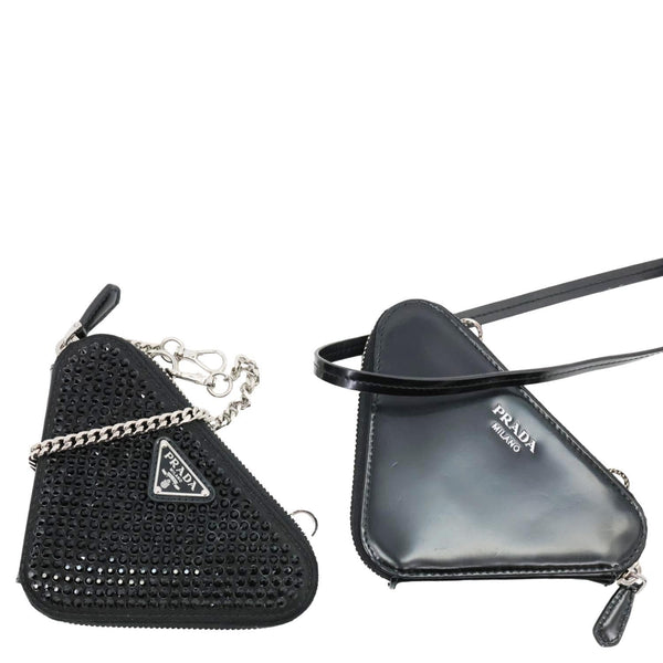 PRADA Triangle Double Pouch Crystal Embellished Satin Crossbody Bag Black
