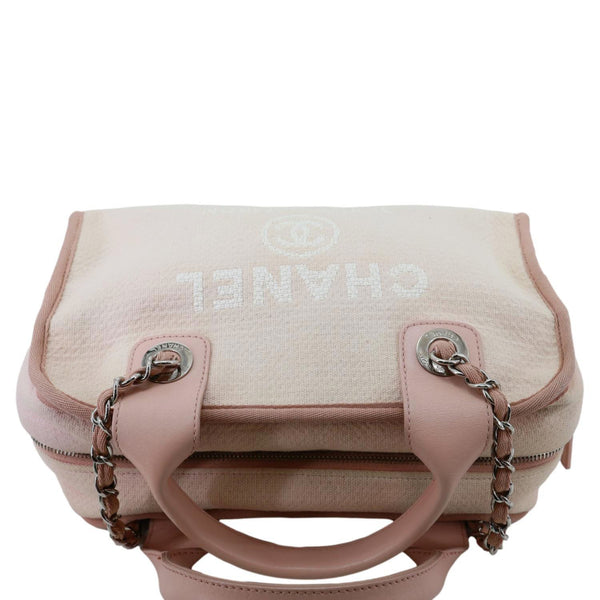 CHANEL Deauville Canvas Leather Bowling Shoulder Bag Light Pink