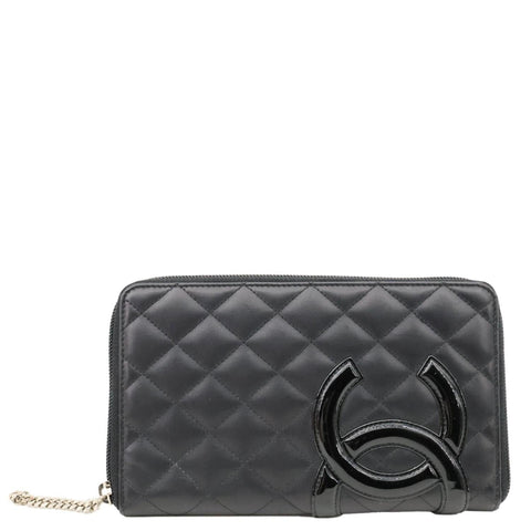 CHANEL Cambon Line Quilted Leather Zip Wallet Black
