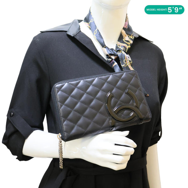 CHANEL Cambon Line Quilted Leather Zip Wallet Black