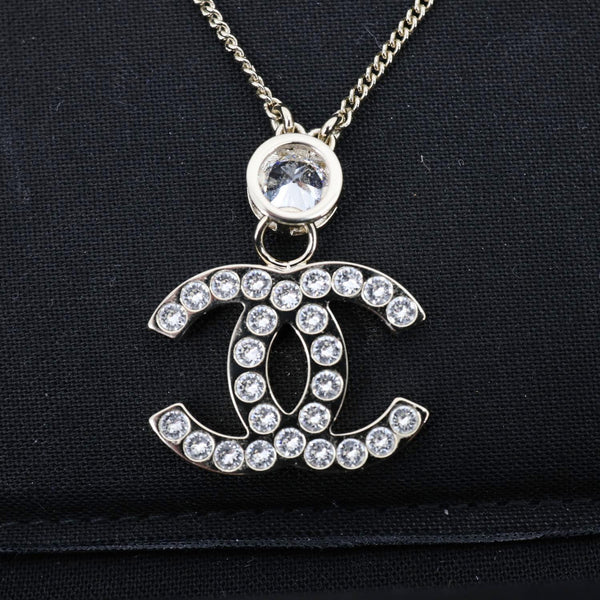 CHANEL Pave Crystal CC Logo Metal Necklace Gold