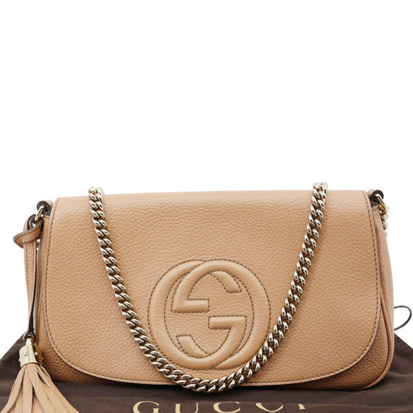 GUCCI Soho Flap Leather Chain Crossbody Bag Beige 536224