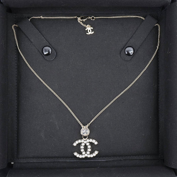 CHANEL Pave Crystal CC Logo Metal Necklace Gold