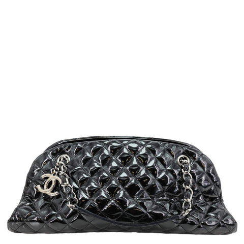 CHANEL Just Mademoiselle Bowling Quilted Patent Leather Shoulder Bag Black