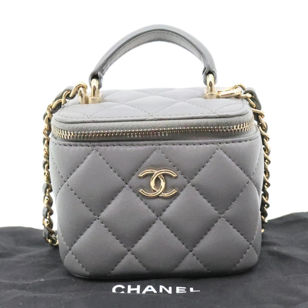 CHANEL Classic Top Handle Quilted Lambskin Leather Vanity Case Crossbody Bag Grey