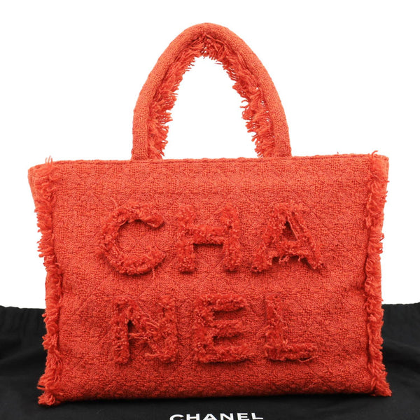 CHANEL Giant Logo Tweed Shopping Tote Bag Red