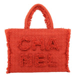CHANEL Giant Logo Tweed Shopping Tote Bag Red