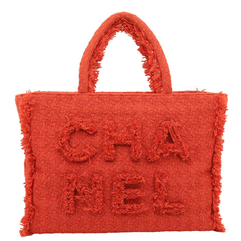 CHANEL Giant Logo Tweed Shopping Tote Bag Red