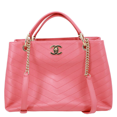 CHANEL Stitched Chevron Calfskin Leather Chic Shopping Tote Bag Pink