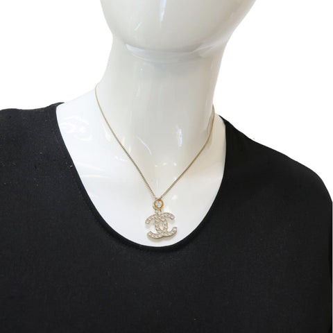CHANEL Pave Crystal CC Logo Metal Necklace Gold